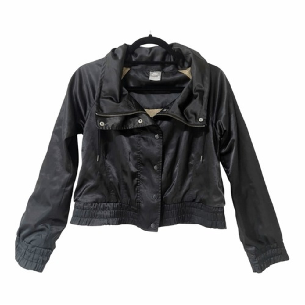 Nike Women's Black Satin Crop Sportswear Casual Full Zip Bomber Jacket Sz Medium
